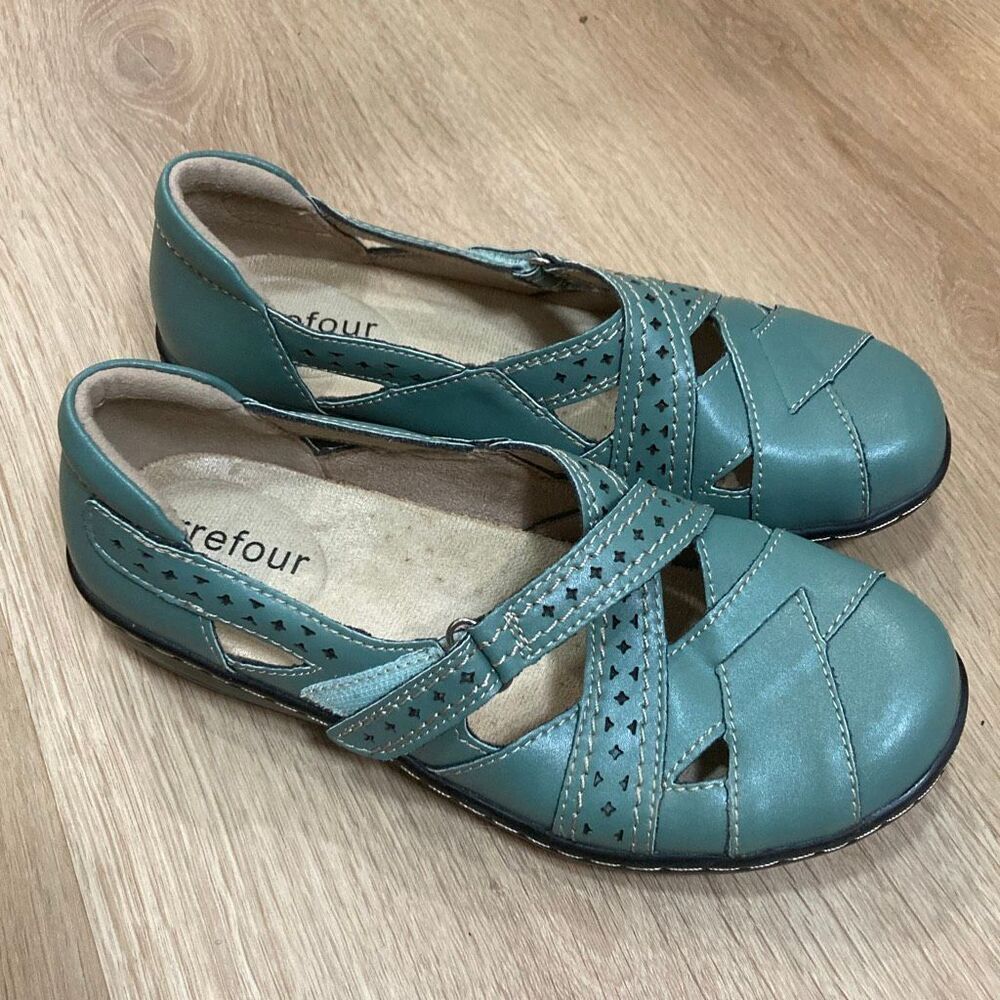 Irrefour Teal Faux-Leather Comfort Mary Jane Shoes Cutout Strap Size 7